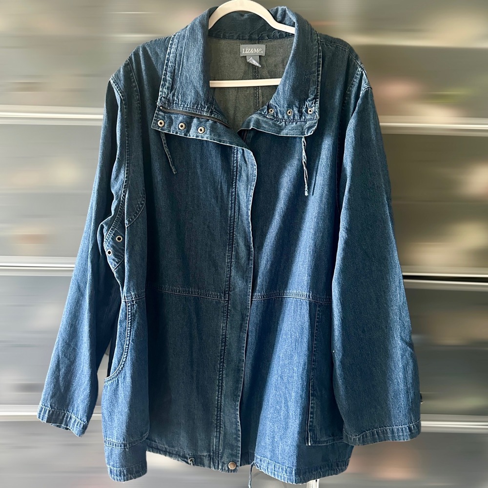 Liz & Me Womens 5X Denim Utility Jacket Blue Cotton Zip Front Chore Coat